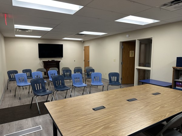 Meeting room set up for a presentation.
