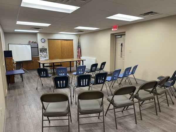 Meeting room set up for a presentation.
